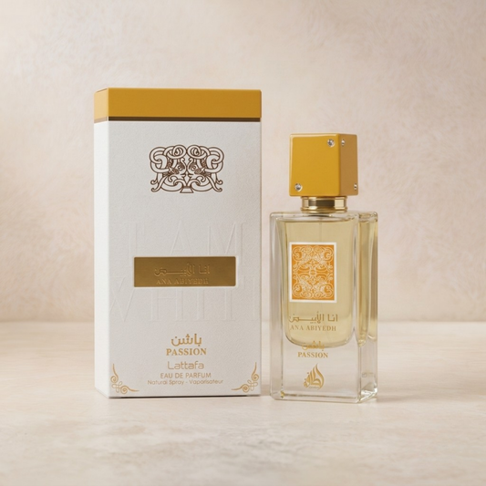 Ana Abiyedh Passion by Lattafa bottle and box